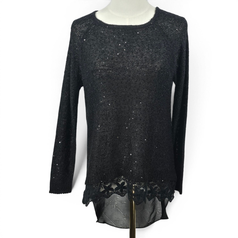 Kasumi Womens Black Sequin Knit Sweater Lace Trim High Low Keyhole Back Medium